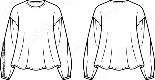 Relaxed fit top, dropped shoulders, puff sleeves, gathered cuffs, curved hemline, round neckline, fashion sketch, technical drawing, garment design, vector art, black, white, stylish, casualwear, mode