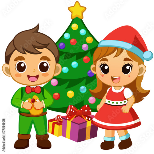 Cute cartoon boy and girl celebrating Christmas with gifts near a decorated Christmas tree on white background