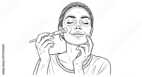 Woman applying makeup with brush in line art black and white