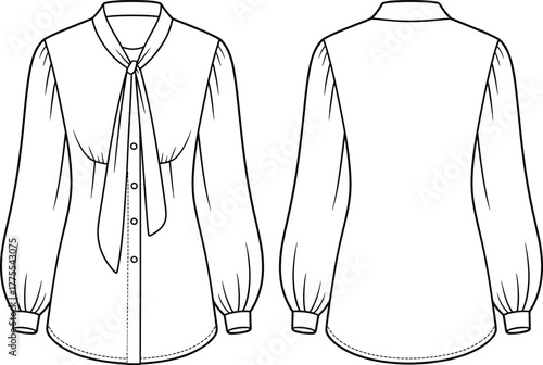 Tie-neck blouse, puff sleeves, button front, gathered bust, fashion sketch, technical drawing, garment design, vector art, black, white, stylish, elegant, modern, front view, back view, fashion flat, 