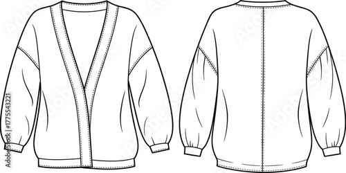 V-neck cardigan, dropped shoulders, puff sleeves, gathered cuffs, straight hemline, fashion sketch, technical drawing, garment design, vector art, black, white, stylish, modern, cozy, minimal, front v