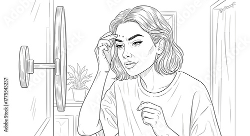 Woman examining skin in mirror in line art black and white