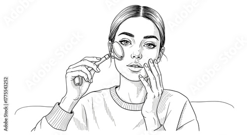 Woman using jade roller on face in line art black and white