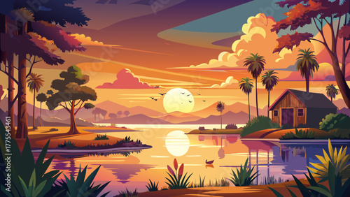 Very beautiful scenic sunset over a tranquil lake in Charleston, South Carolina, featuring warm golden reflections, calm waters, lush greenery, and a peaceful Southern atmosphere.