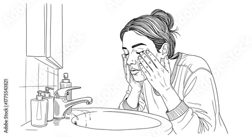 Woman washing face at sink in line art black and white style