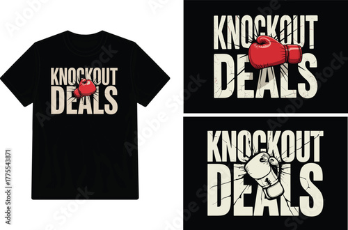 Black t shirt design featuring boxing gloves and the text knockout deals