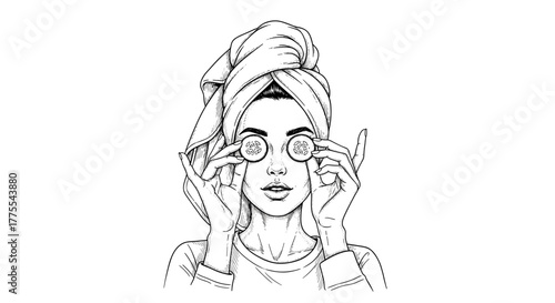 Woman with towel and cucumber slices relaxing in line art style