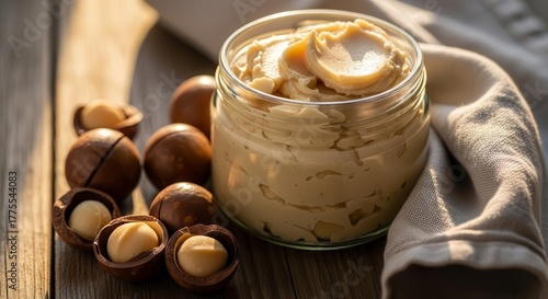 Creamy Macadamia Nut Butter In A Jar Alongside Fresh Nuts On A Table