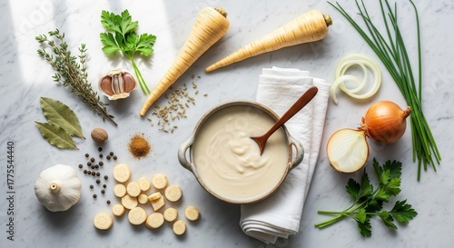 Wallpaper Mural Creamy Parsnip Soup Garnished With Fresh Herbs And Various Cooking Ingredients Torontodigital.ca