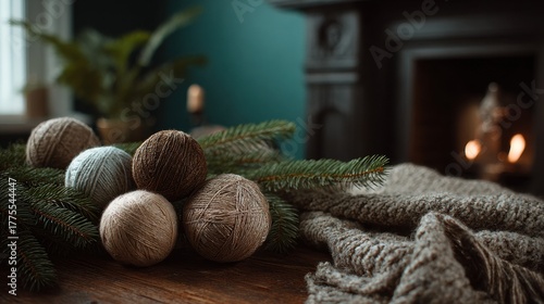 Cozy knitting session with yarn balls by the fireplace warm home interior lifestyle photography