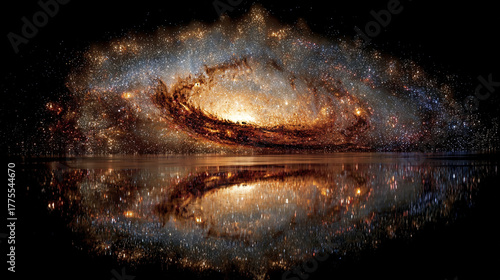 A breathtaking visual of a spiral galaxy reflected in calm water, blending the vastness of space with serene earthly tranquility. The cosmic spiral, mirrored perfectly on the surface below, symbolizes