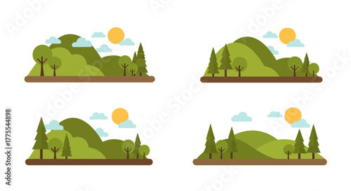 Four landscape variants with hills, sun and clouds providing versatile design options
