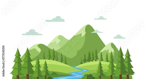 Serene Green Landscape with Mountains River and Trees in a Stylized Flat Design for Outdoor