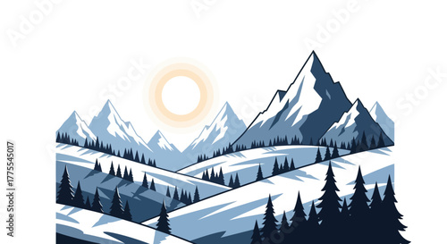 Serene alpine vista with snowy mountains pine forests and a gentle sun illustration