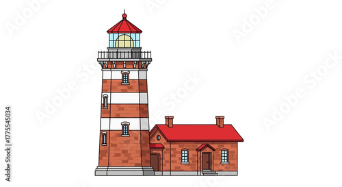 Detailed cartoon lighthouse with attached building illustration against white backdrop suitable