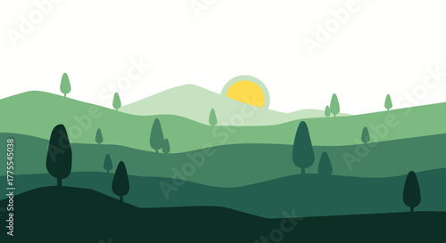 Serene green hills landscape at sunrise with minimalistic tree silhouettes and layered textures
