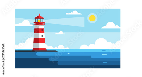 Scenic coastal illustration with a striking red and white lighthouse under a bright sun