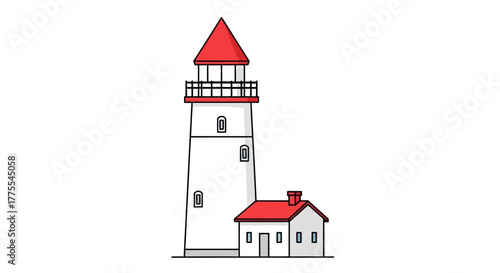 A simple and illustrative lighthouse structure standing near a small house in minimal color
