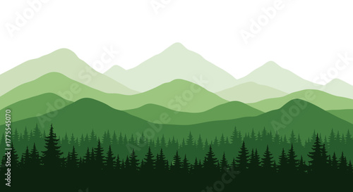 Seamless panorama of green mountain silhouettes with a dense coniferous forest landscape