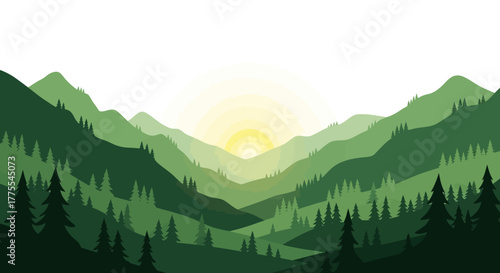 Serene mountainous valley scene with layers of green hills and a radiant sunburst over the peak