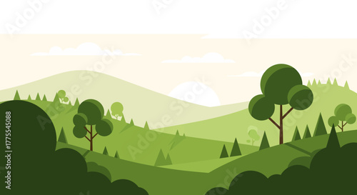 Serene green hills landscape illustration with minimalist trees and gentle sunlight backdrop