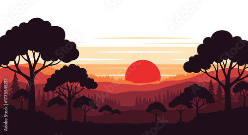 Serene vista of silhouetted trees against a backdrop of radiant sunset hues and layered mountains