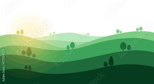 Vector Illustration of Rolling Green Hills at Sunrise with Simple Tree Silhouettes