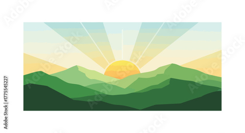 Serene mountain landscape illustration with warm sunrise and layered hills design
