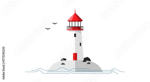 Coastal beacon illustration showcases navigation assistance and seascape charm with seabirds