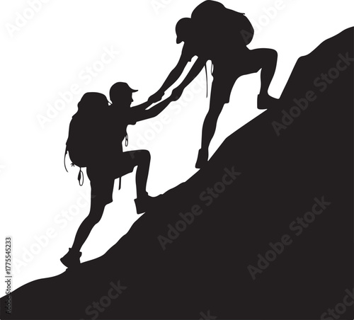 Two hikers helping each other climb a steep rock vector illustration-01