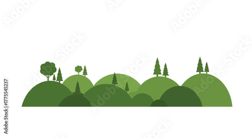 Scenic rolling hills adorned with evergreen silhouettes create a serene vista