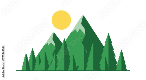 Minimalist mountain landscape featuring green coniferous trees and a shining sun with flat design
