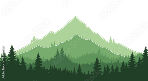 Stylized mountain landscape with evergreen forest layers creating depth and peace