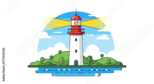 Stylized lighthouse illustration shining brightly on a peaceful island scenery