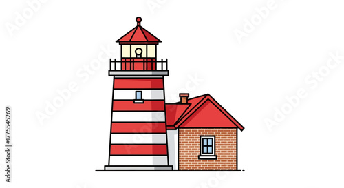 Illustration of a classic red and white striped lighthouse with an adjacent brick house