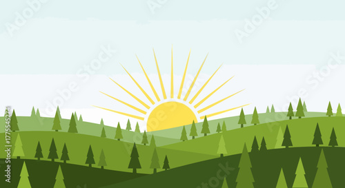Vibrant sunrise over a tranquil green forested valley, a scenic natural landscape illustration