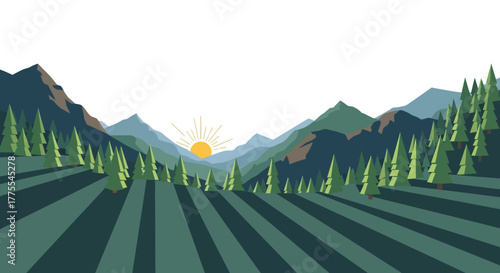 Serene mountain landscape at sunrise illustration with stylized trees and hills  scene