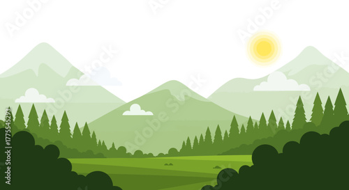 Serene mountainous landscape with vibrant greenery under a bright sunlit sky