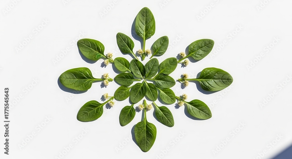 Obraz premium Creative Arrangement Of Fresh Spinach Leaves Arranged In Symmetric Composition On A White Surface