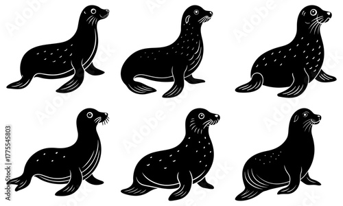 Playful seals frolicking together, adorable sea animals in a group, cute marine life illustration, whimsical seal colony, charming ocean wildlife scene