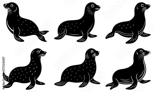 Charming sea lions in playful poses, originally crafted as scalable vector graphics, perfect for wildlife projects and educational resources, so delightful!