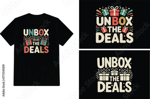 Black t shirt mockup featuring a colorful unboxing themed graphic design
