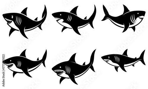 Striking silhouettes of sharks, perfect for marine biology, ocean conservation, or thrilling adventure themes, originally a scalable vector graphic