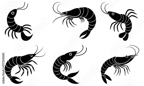 Elegant shrimp silhouettes perfect for seafood menus, coastal decor, or nautical designs, providing a clean, professional and modern look for culinary projects