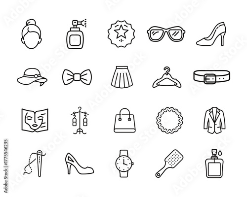 Fashion accessories and clothing elements icons set, representing style and elegance for modern women and designers.