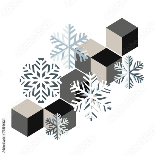 Abstract design of snowflakes and cubes in minimalist style  