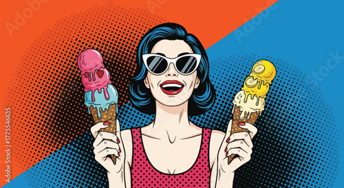 Delighted woman holds two delicious ice cream cones in a vibrant, retro pop art style - perfect for summer, fun, and sweet indulgence!