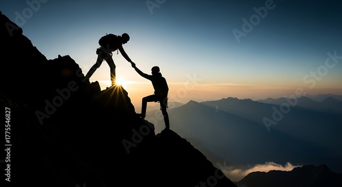 Silhouette Climbers Helping Each Other Reach Summit at Sunrise Mountain Scenery