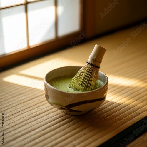 Matcha Tea with Bamboo Whisk in Japanese Tatami Room – Traditional Matcha Tea Ceremony – Matcha Tea in Handmade Ceramic Bowl with Natural Light
