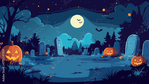 Halloween cemetery scene with glowing jack o' lanterns